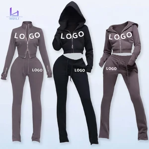 Huili Oem French Terry Zip up Jacket & Pants Custom logo Solid Color Loungewear Outfits Two Piece Women Black Cropped Hoodie Set