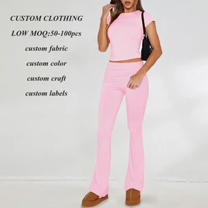 factory oem short sleeve crop top legging sets custom solid color women two piece sets yoga sports gym wear high stretch outfits