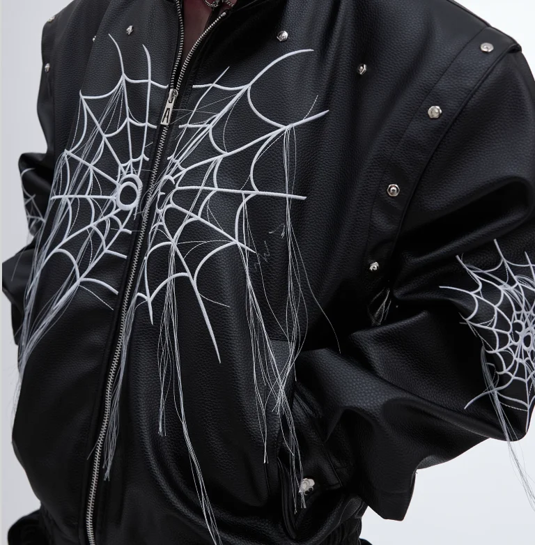 2025 Men's PU Punk Leather Jacket - Spider Web Fringe Design