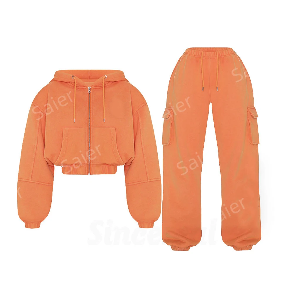 L230716 Custom Embroidery Oversized Zip Up Crop Top Hoodie And Jogger