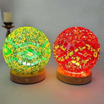 Wholesale 3D Luxury Night Light Mosaic LED Turkish Lamp Wooden Base Glass Baroque Three Color Plug-in for Bedroom Decor China