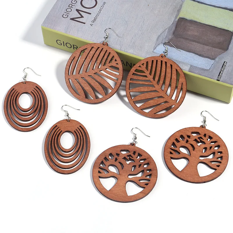 Factory Exaggerated Personality Jewelry Wooden Splint Earrings Statement Multi Hollow Geometric Earrings Gifts for Women