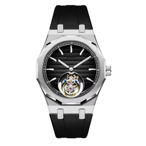 OEM Customized Brand LOGO 316L Stainless Steel Mechanical Watch Men's Luxury Hollow Gray Dial Tourbillon Watch With Rubber Band