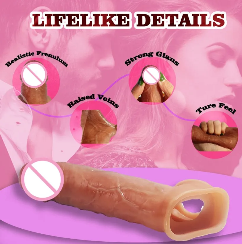 Remote Control Liquid Silicone Penis Sleeve Sex Toys for Men Wearable Realistic Vein & Shine Dildo Vibrator Sex Toys for Woman%