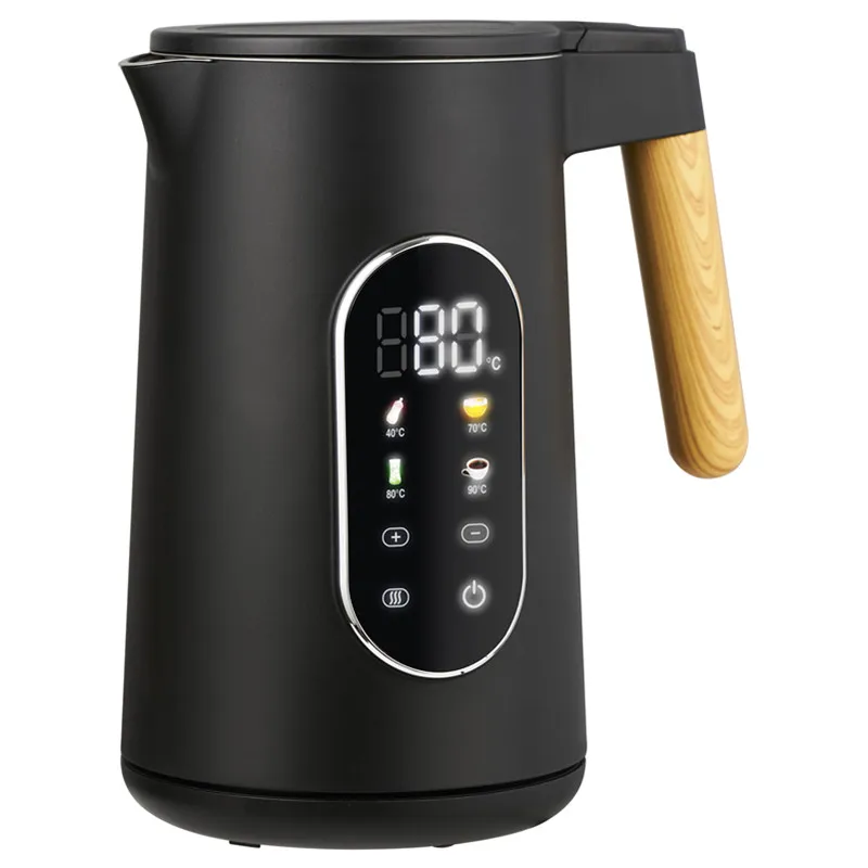 1.7L 2200W Touch Screen Double Wall Kettle Inside 304 Stainless Steel Outside PP Wooden Handle Fast Boiling Auto Off