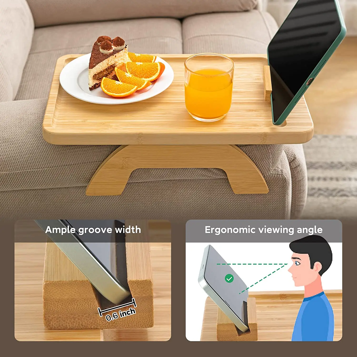 Side Table Foldable Couch Tray with 360 Degrees Rotating Phone Table for Eating Drinks Snacks Bamboo Sofa Tray Table Clip