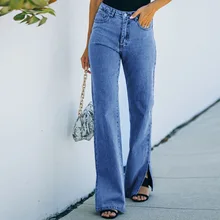 2022 autumn streetwear pants for ladies women's elegant mid-waist wide leg slit hem ankle-length casual denim jeans