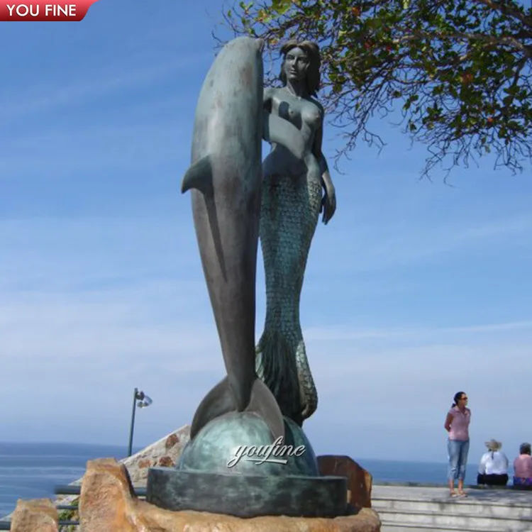Exquisite Metal Casting Nude Naked Mermaid with Dolphin Bronze Sculpture