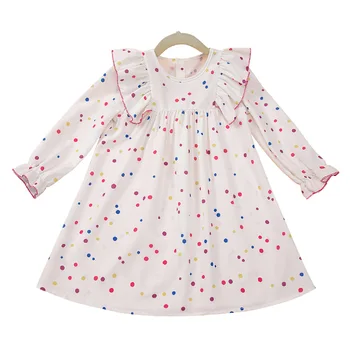 Wholesale Spring and Autumn New girls' clothing high quality fabric simple flounced sleeve long sleeve dress