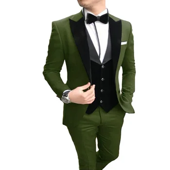 Army Green Men Suit 2022 Black Velvet Vest 3 Pcs Business Men Suit ...