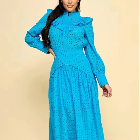 Vintage-style Cotton Dress With Lace Cutouts And Ruffled Hem Button Decoration Natural Waistline 100% Woven Cotton - Image 1