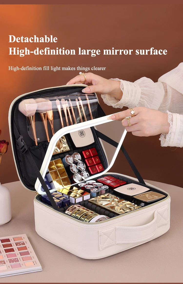 Travel Bags Box Led Light Large Capacity Makeup Case Storage Bag Waterproof PU Cosmetic Case with Led Lights and Mirror