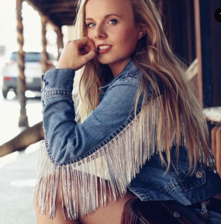 Mode dame femme strass diamant frange gland chaîne blanc denim