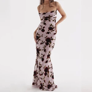 ZYHT 73956 Flower Floral Printed Fabric Backless Wire Strap Maxi Casual Dress Lady Cocktail Street Women Clothes