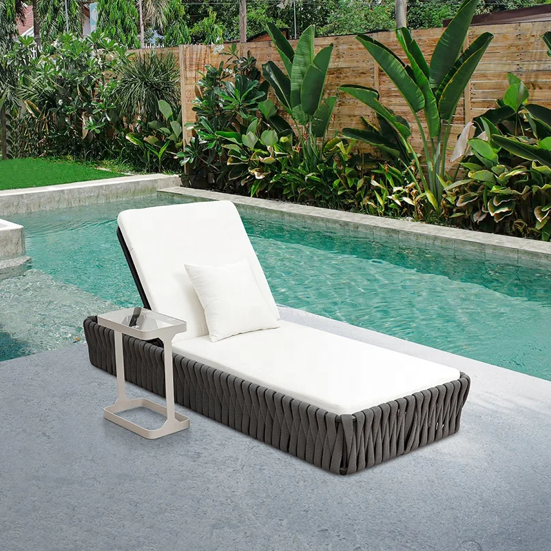 Leisure Hotel Garden Sun Loungers Outdoor Exterior Relaxation Aluminum Rope Chaise Lounge Chair Sunbed With Side Table for Spa