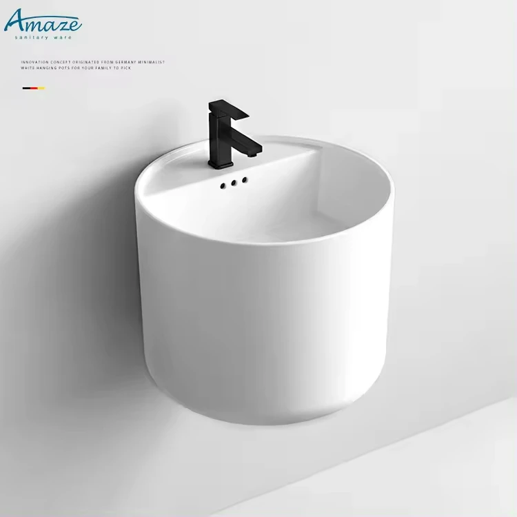 Ceramic sanitary ware modern round bathroom sink white color wall mount basin hand washbasin wall hung basin