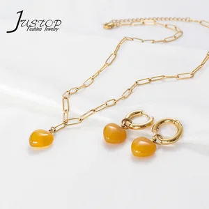 Stainless Steel Link Chain Jewelry Rose Quartz Heart Natural Stone Earring Necklace Women Jewelry Set