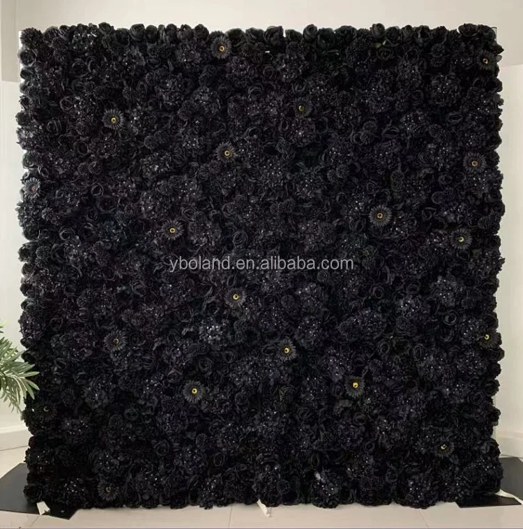 K13 Custom 3D Roll up Fabric Fake Flower Wall Panel Backdrop Black Silk Rose Artificial Flower Wall for Wedding Home Salon Decor