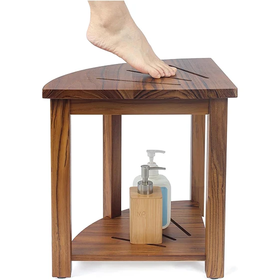 Waterproof Teak Shower Bench with Storage Shelf Corner Wood Shower Stool for inside Shower for Shaving Legs