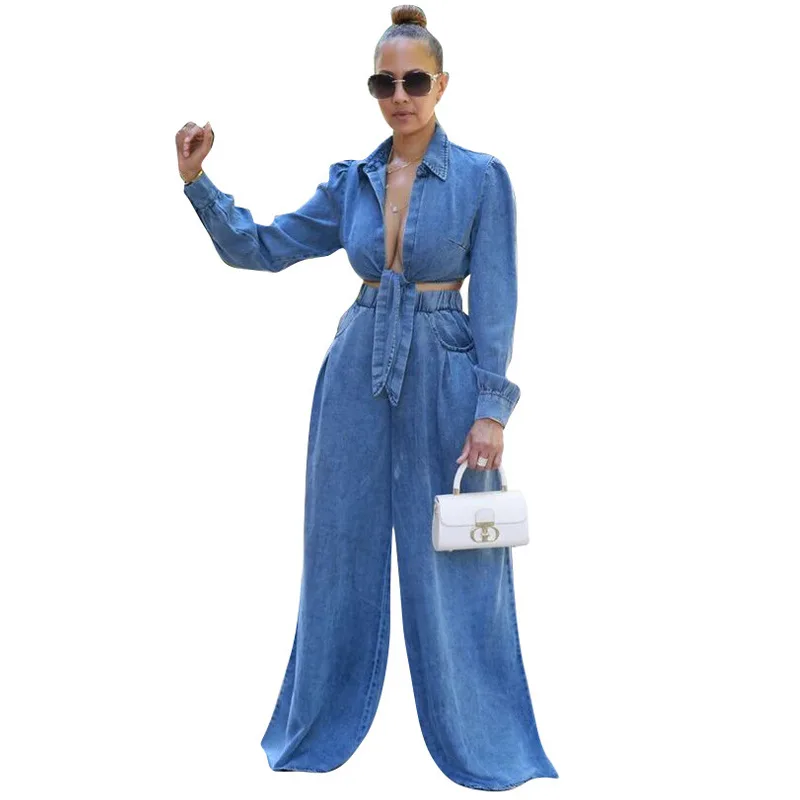 Cross-border Supply Women's Fashion New Casual Solid-Color Long-Sleeved Top Wide-Leg Pants Two-Piece Set Above Knee Cotton
