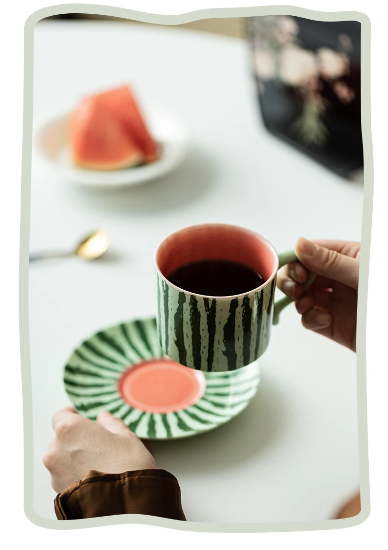 Modern Style Large Ceramic Coffee Cup with Saucer Watermelon-Themed Espresso Breakfast or Milk Tea Cup Stylish Drinkware