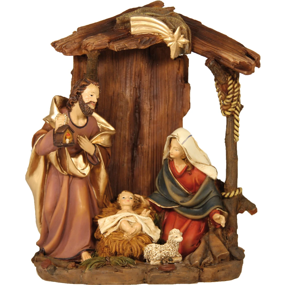 Hand-Painted 22cm Nativity Scene Holy Family in Stable Christmas ...