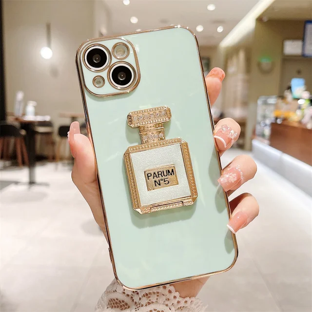 Luxury Rhinestone Perfume Bottle Hidden Makeup Mirror Bracket Phone Case  For iPhone 14 13 12 11 Pro Max XR XS 8 Plus Soft Cover
