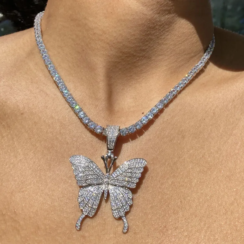 XL146 Statement Big Butterfly Pendant Necklace Rhinestone Chain for Women Bling Tennis Chain Crystal Choker Necklace Jewelry