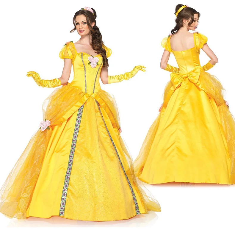 Hot Sale Beauty and the Beast Princess Bell Cosplay Yellow Deluxe Dress Halloween for Adult Carnival Party Hot Sale Beauty and the Beast Princess Bell Cosplay Yellow Deluxe Dress Halloween for Adult Carnival Party