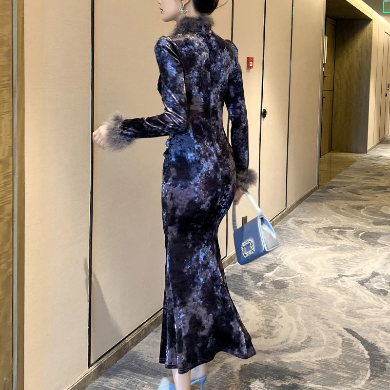 ZYHT 21597 Factory Custom Clothing Elegant Long Sleeve Bodycon Dress Women Floral Pattern Velvet Fur Collar Evening Dress ZYHT 21597 Factory Custom Clothing Elegant Long Sleeve Bodycon Dress Women Floral Pattern Velvet Fur Collar Evening Dress
