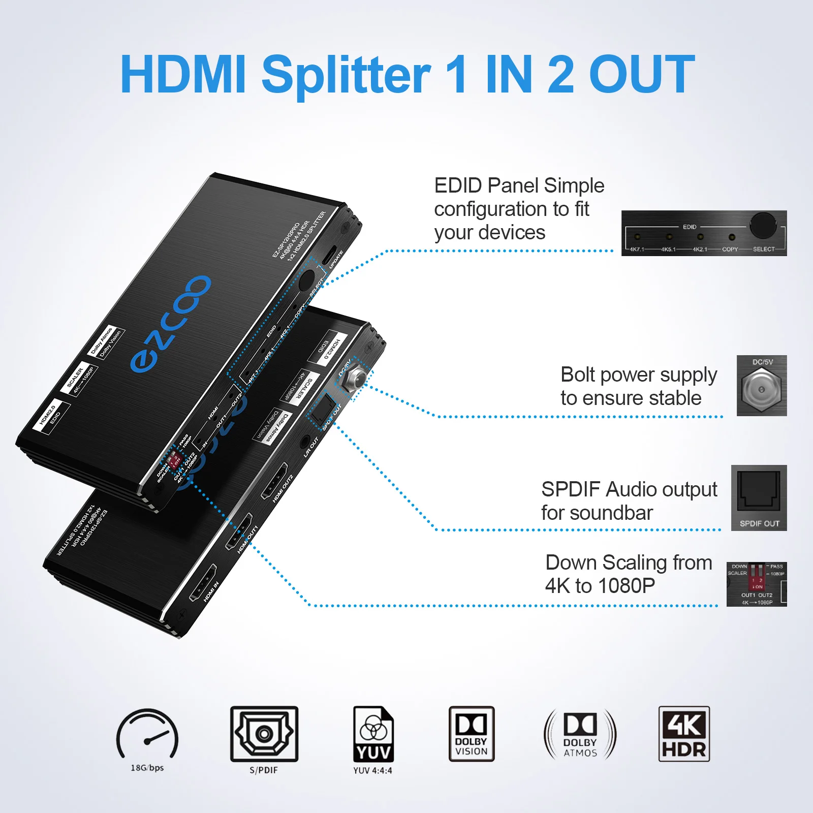 4K HDMI Splitter 1x2 HDR Vision Atmos 18Gbps- HDMI Scaler 4K 1080P Sync,4K  HDMI Splitter 1 in 2 out 60Hz 4:4:4 HDCP2.2, EDID Scaler Panel  Switch,Firmware Upgrade,USB Power,Windows IOS,Mini Case SP12H2 
