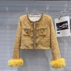 Factory Wholesale Autumn Winter Women's Blazer Short Coat with Fox Fur Trim Tweed & Down Materials Button-Up Collar Jacket