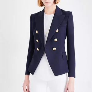 Versatile High-End Elegant Stylish Double-Breasted Blazer for Women Short Length Office Work Jacket Button Decoration Woven