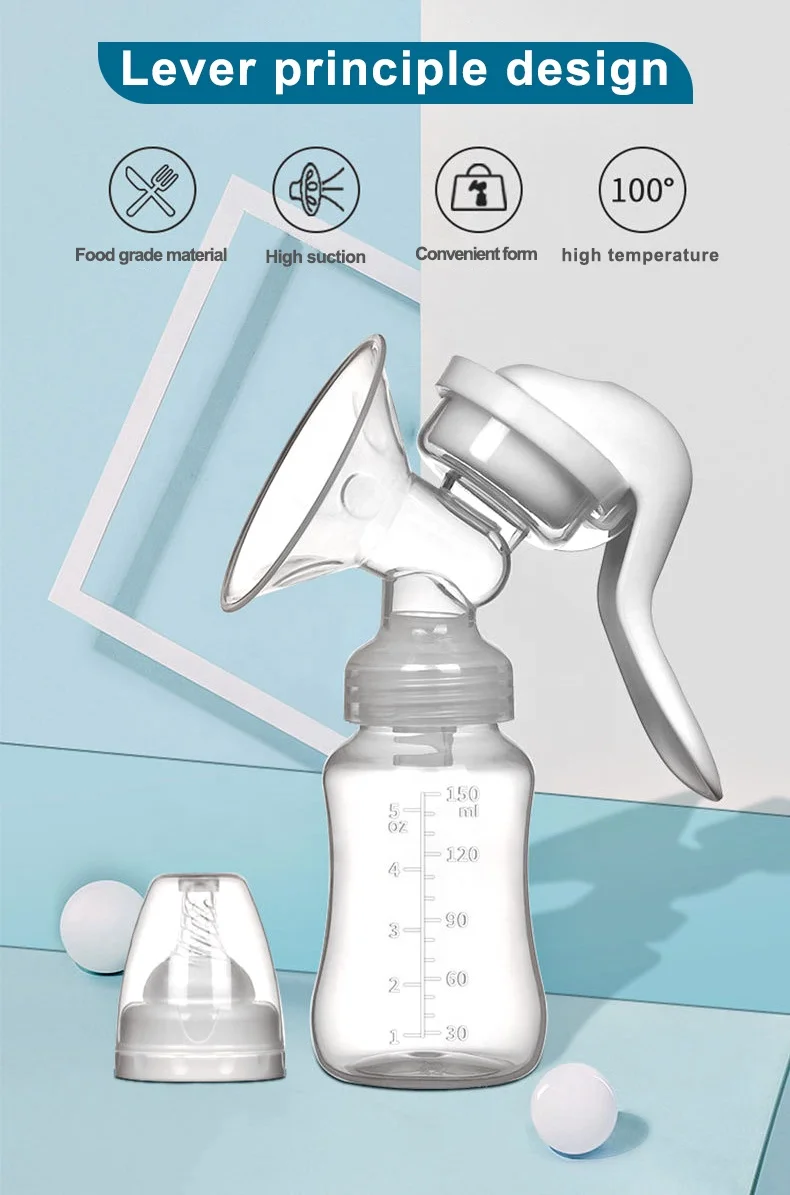Color Box Packing 150ml Manual Breast Pump with Bottle Lid Silicone Milker Milk Extraction Breast Milk Pump