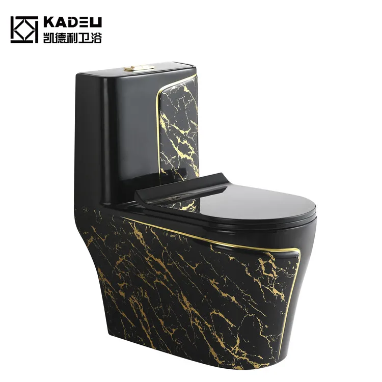 Luxury Porcelain Sanitary Wares Marble Gold Line Design One Piece Toilet Bowl Ceramic Black Gold