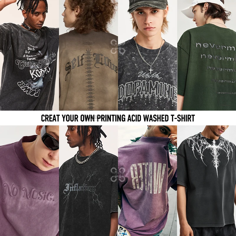 QUICKSHOW Custom Crop Acid Washed Tshirt Rubber Printing Oversized Cotton Heavyweight Streetwear T Shirt