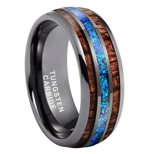 Coolstyle Jewelry Wholesale 8mm Gunmetal Tungsten Ring Men Women Fashion Engagement Wedding Band Real Blue Opal Koa Wood Inlay