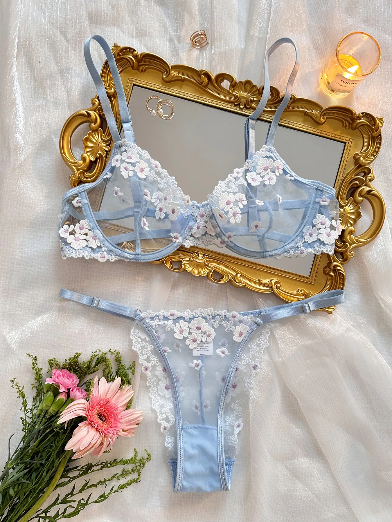 SFYPP18 Newest Girls Lingerie Sweet Light Blue Sexy Underwear White Flower  Embroidery Mesh Comfort Push up Sexy Woman Lingerie