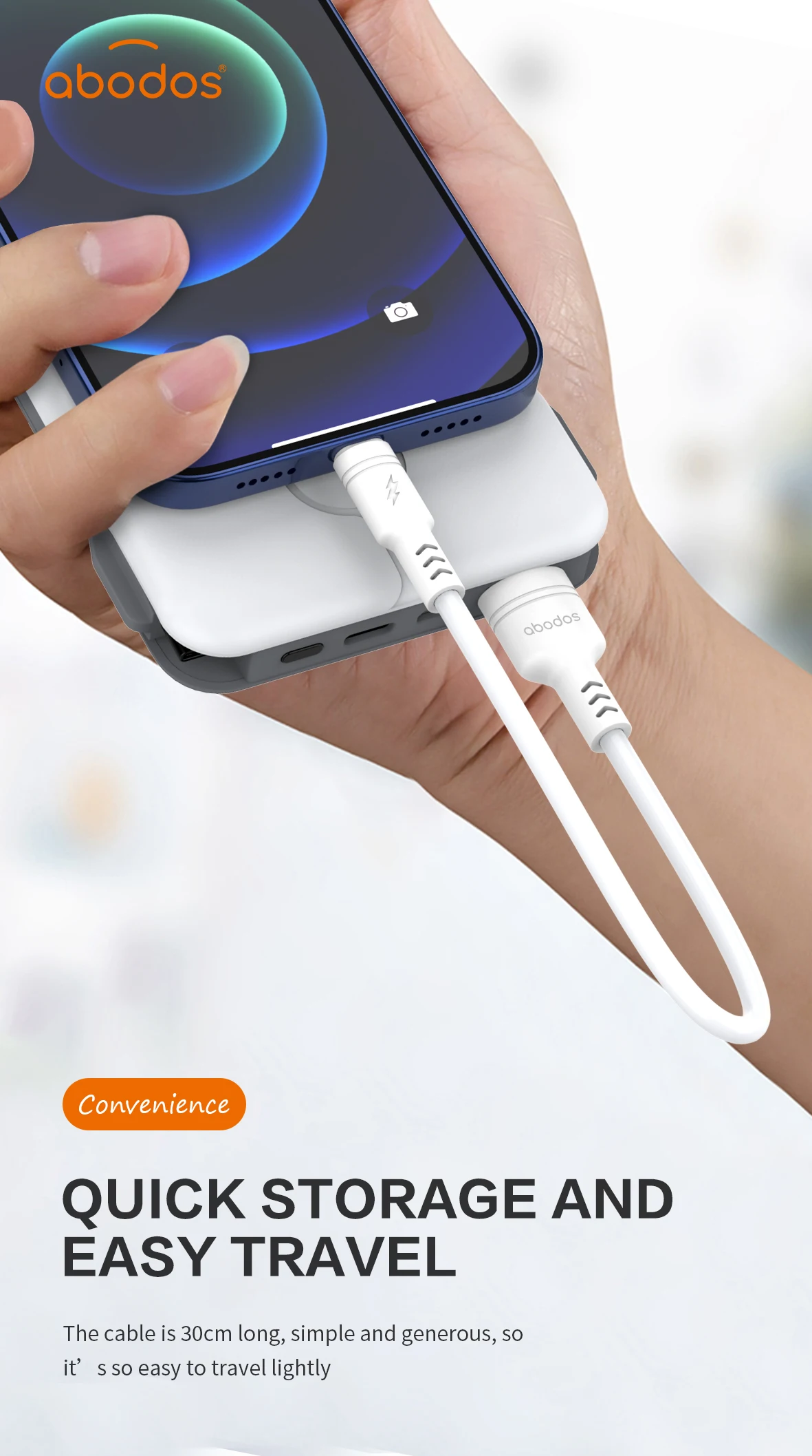 Abodos Brand 5A Fast Charge 30cm USB Data Cable for iPhone Power Bank Computer