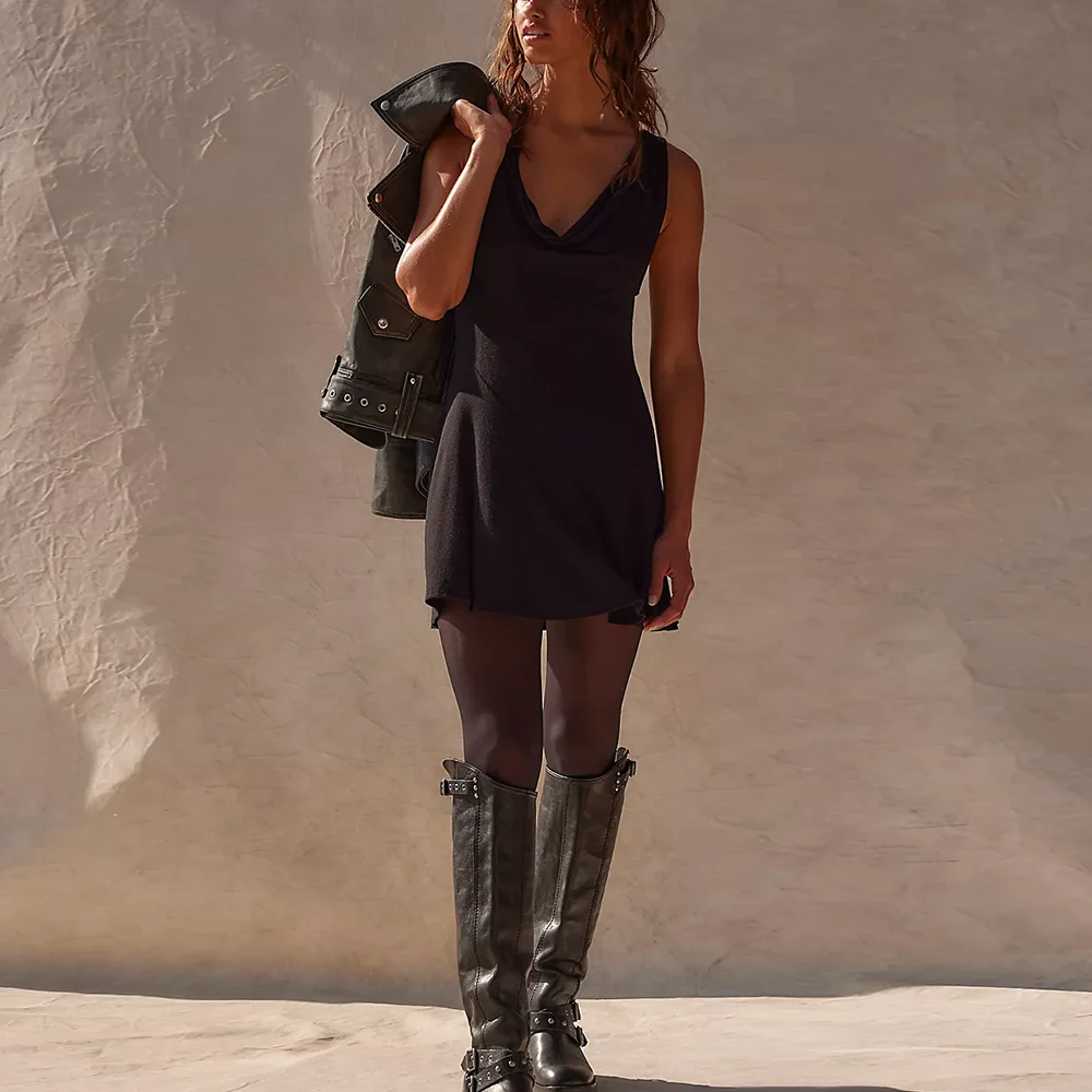 Manufacturer Oem High Quality Solid Color Black Sleeveless Dresses Women Cowl Neck Summer Sexy Mini Dress