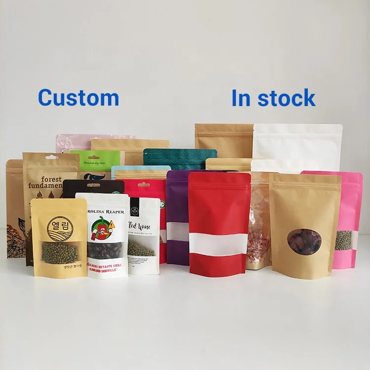 Custom Printed Food Packaging Stand up Pouch Resealable Zipper Craft Kraft Paper Bags With Your Own Logo