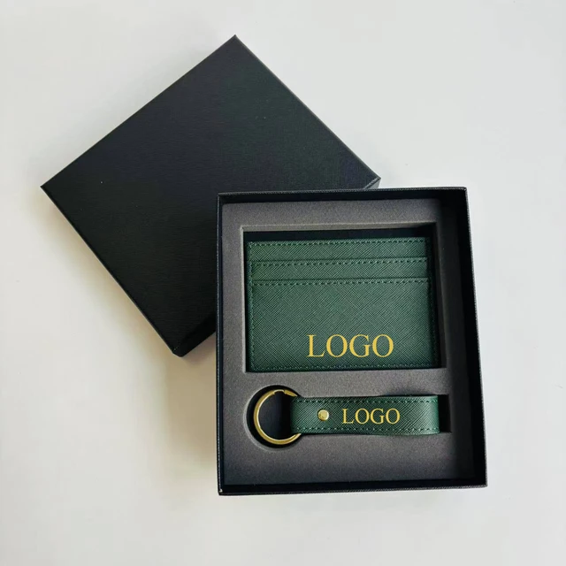 Custom Logo PU Cards Holder Keychain Gift Set for Promotions Wedding Leather Wallet Key Ring with Gift Box Personalized Letters
