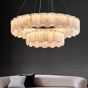Modern Natural Alabaster Light Luxurious Marble Brass Decorative Chandelier Lamp for Villa Living Room