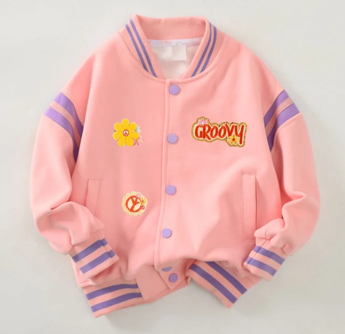 Custom Sweet Patches Bomber Jacket for Kids Boys Girls Autumn Cotton School Jacket with Customized Color & Size Patchwork Design