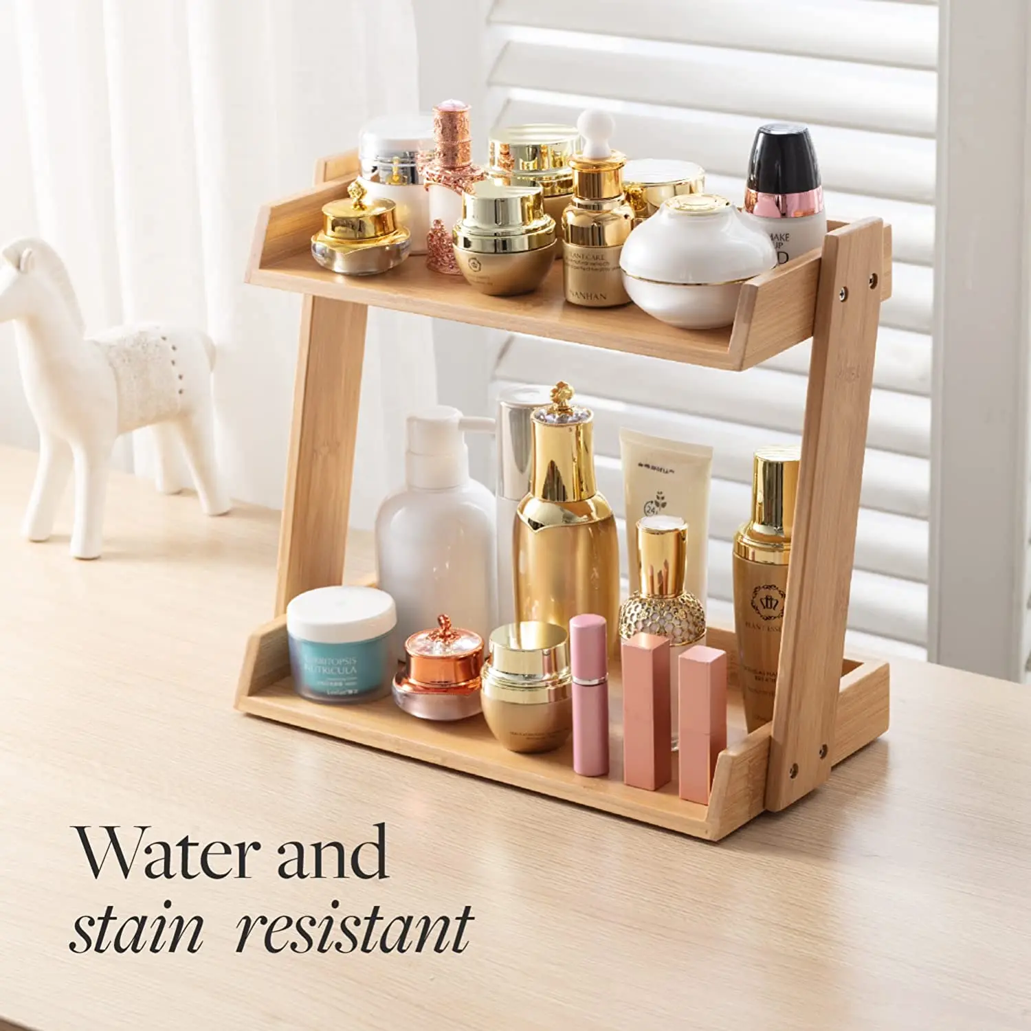 Double Tier Bamboo Makeup Organizer Multi Purpose Storage For Skincare