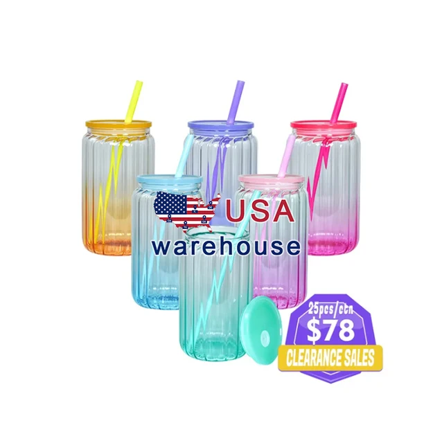 USA for sale 16oz ombre vase glass can pen holder colored high quality strip wave glass tumbler with lid and straw 25pcs/case