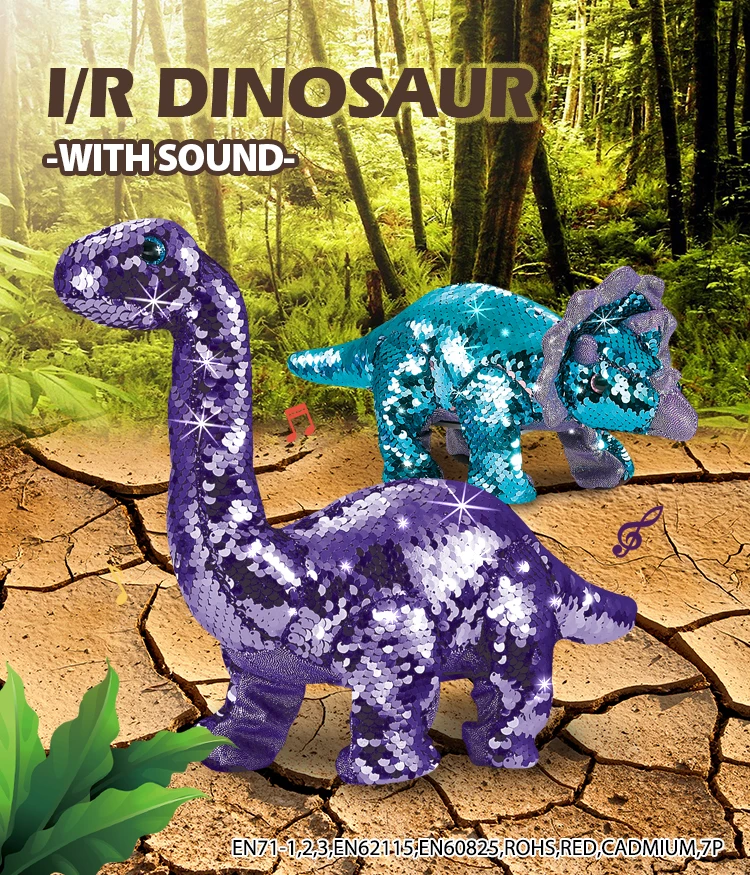 Sequin Triceratops Plush Remote Control Stuffed Animals Reversible