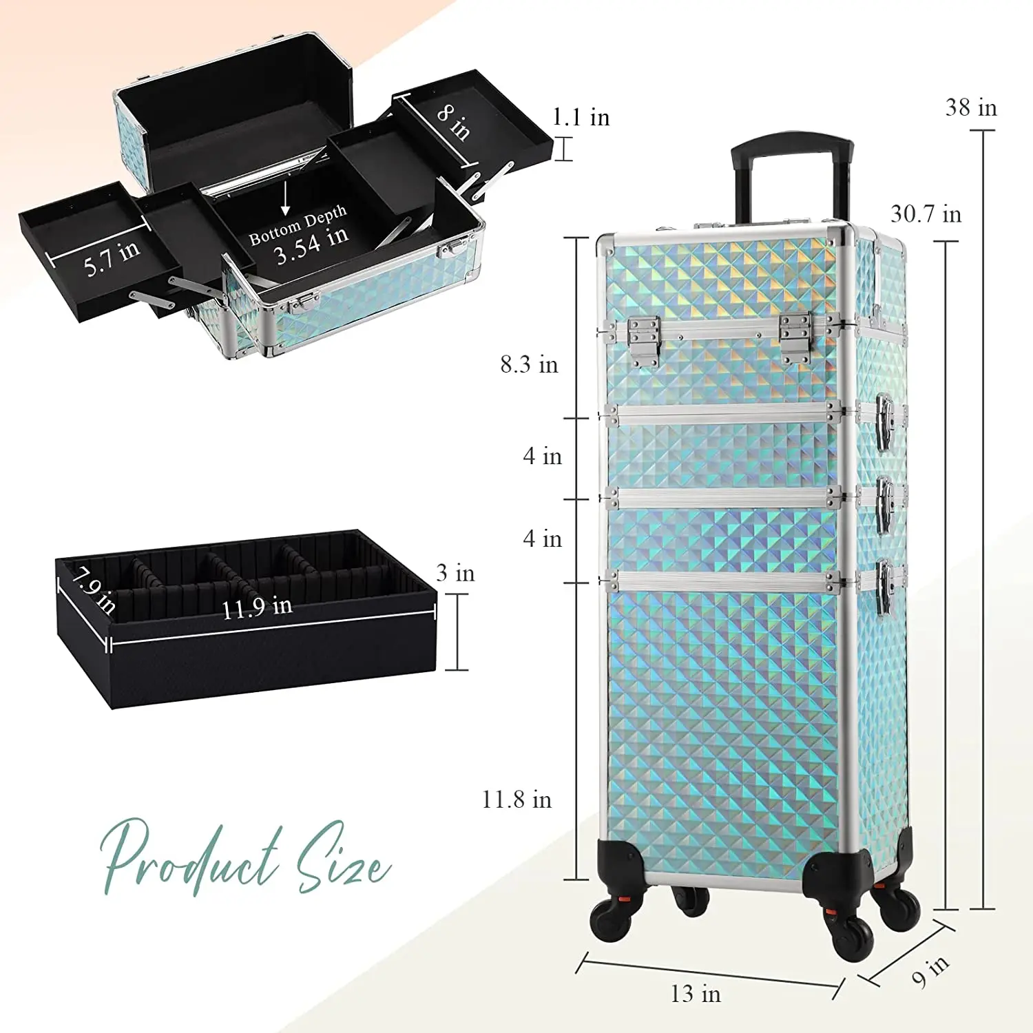 Rolling Makeup Train Case Large Storage Cosmetic Trolley 4 In 1 Large