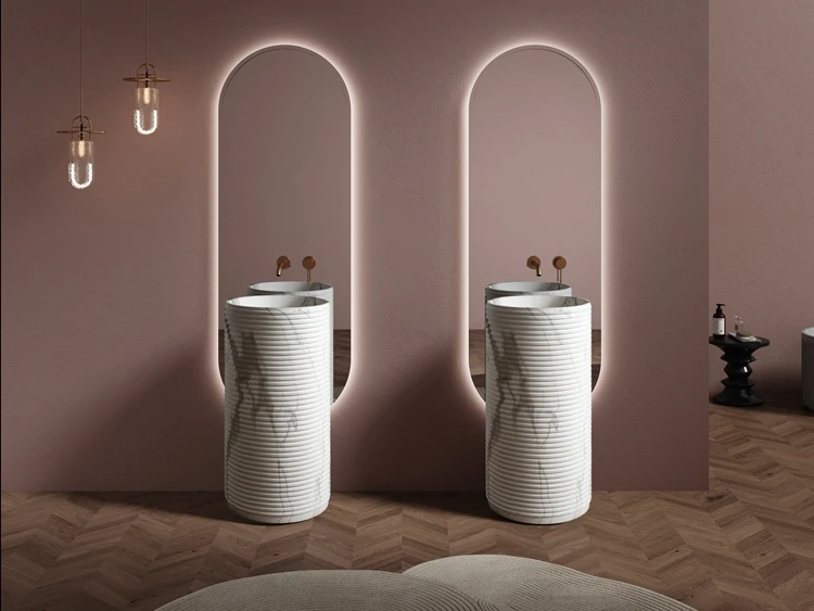 Designer's Favorite Marble Pattern Bathroom Basin Sink Volaks Free Standing Round Wash Basin Artificial Stone Hotel Vessel Sink
