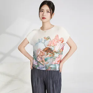 2025 Summer Miyake Latest Shirt Fashion Design Printed Short-sleeved Top Women's Casual Pleated Elastic T-shirt